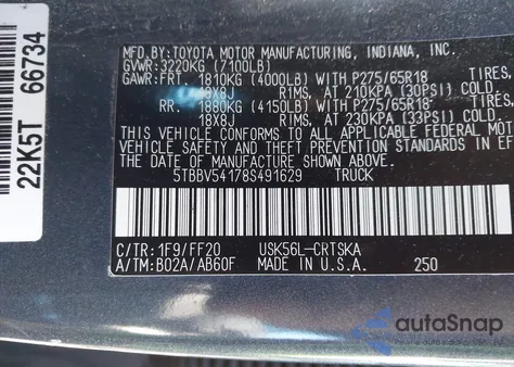2008 Toyota Tundra Sr5 5.7L V8 from USA, damaged, VIN 5TBBV54178S491629